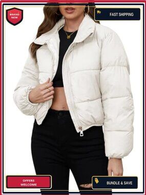 Women Cropped Puffer Jacket Short Quilted Full Zip Winter Coat